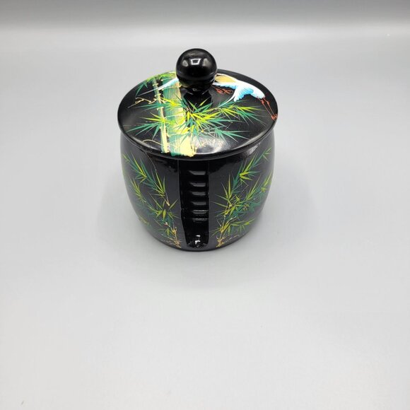 Vintage Asian Crane Bird and Bamboo Pattern Lacquered Coasters Set with Base - Picture 2 of 10